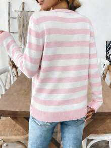 SHEIN LUNE Women's Casual Striped Button Front Long Sleeve Cardigan, Autumn/Winter - Multicolor - View 2