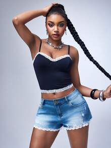 Y2Kool Women's Navy Blue And White Lace-Trimmed Cropped Tank Top Stylish And Versatile, Perfect For Dates And Parties Alike. - Navy Blue - View 4