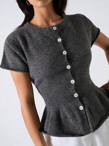 LYSMO Women's Chic Dark Grey Short Sleeve Knit Sweater Top For Autumn Brunch,Minimalism Crew Neck Ruched Front Button Pleated Hem Solid Casual - Grey - View 7