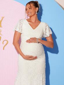 Loomaby 优雅孕妇派对礼服，提花荷叶袖，收腰设计，夏季 - 卡其色 - 查看 11