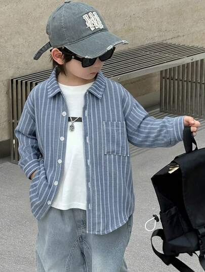 Dazy Kids 男童条纹 Polo 领单排扣休闲百搭日常长袖衬衫