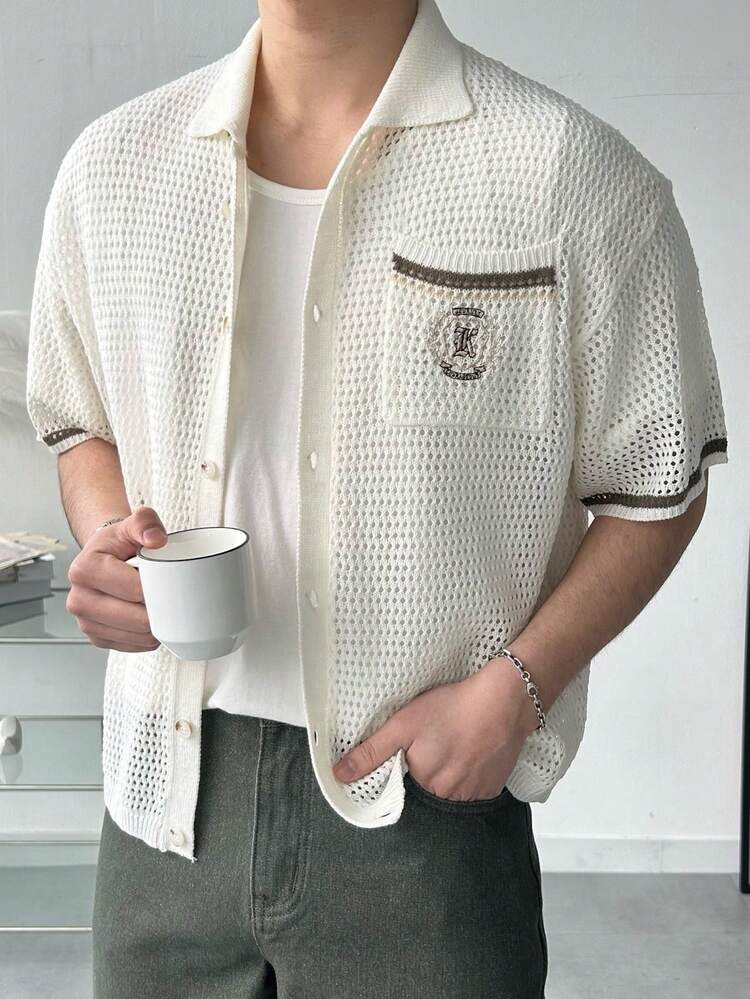 Men's Knitted Sweater With Perforated Design, Contrast Collar, And Embroidered Pattern, Summer