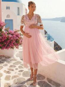 Loomaby Elegant Floral Embroidery Patchwork Baby Pink Maternity Dress For Baby Shower,Pregnant Women Summer Spring Break Outfits,Gender Reveal Party Dress - Pink - View 12