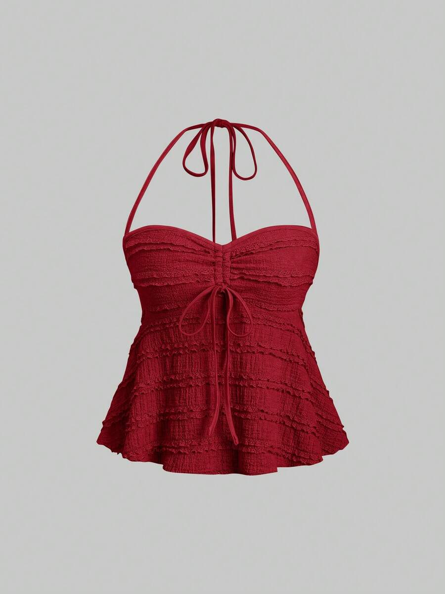 Sweetra Women Ruched Knot Halter Neck Cami Top Y2K - Red - View 1