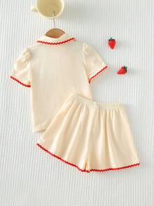 Cozy Pixies 2pcs Baby Girl Strawberry Peter Pan Collar Short Sleeve Snap Front Top And Elastic Waist Shorts Set Baby Girl Clothes Baby Clothes Strawberry Fruit Baby Clothes Baby Shorts And Shirt Sets,Kids - Beige - View 3
