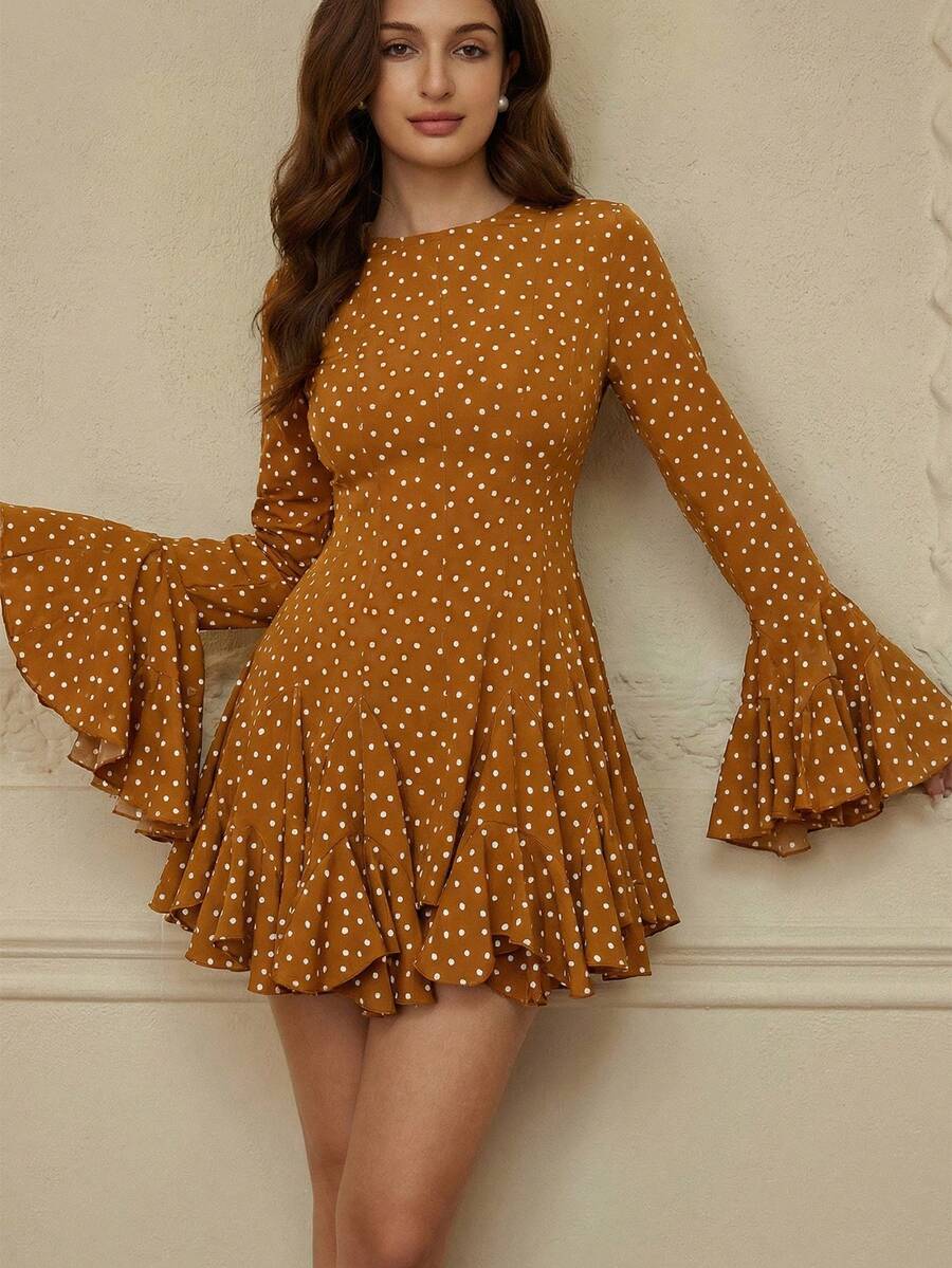 Aveloria Rosie 时尚水彩波点层叠荷叶边长袖连衣裙，欧式秋冬风情 - 黃色 - 查看 1