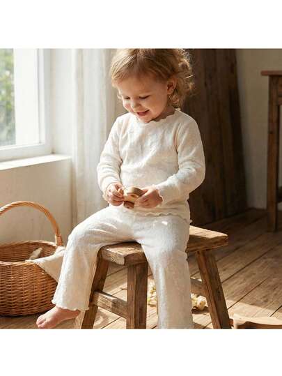 Loomiva 2pcs Baby Girl Solid Color Knit Soft Crew Neck Long Sleeve Top And Elastic Waist Pants Set