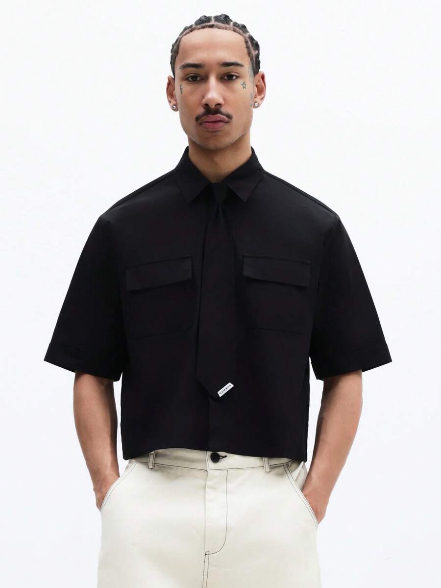 SUMWON Men's Cropped Button Front Shirt With Detachable Tie And Dual Chest Pockets Short Sleeve Collared Top - Black - View 1