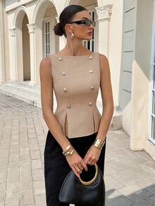 Siren Gaze Women's Solid Color Button Decorated Sleeveless Blouse,Summer Top - Apricot - View 6