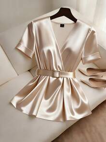 GlowEve Satin + Cinched Waist V-Neck Elegant Short Sleeve A-Line Blouse - Apricot - View 1