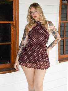 Arliah Women's Sexy Polka Dot Print Backless Mini Halter Dress, Summer,Business Casual Woman,Rave Outfits Festival,Summer Dresses For Women,Polka Dot Dress - Coffee Brown - View 1