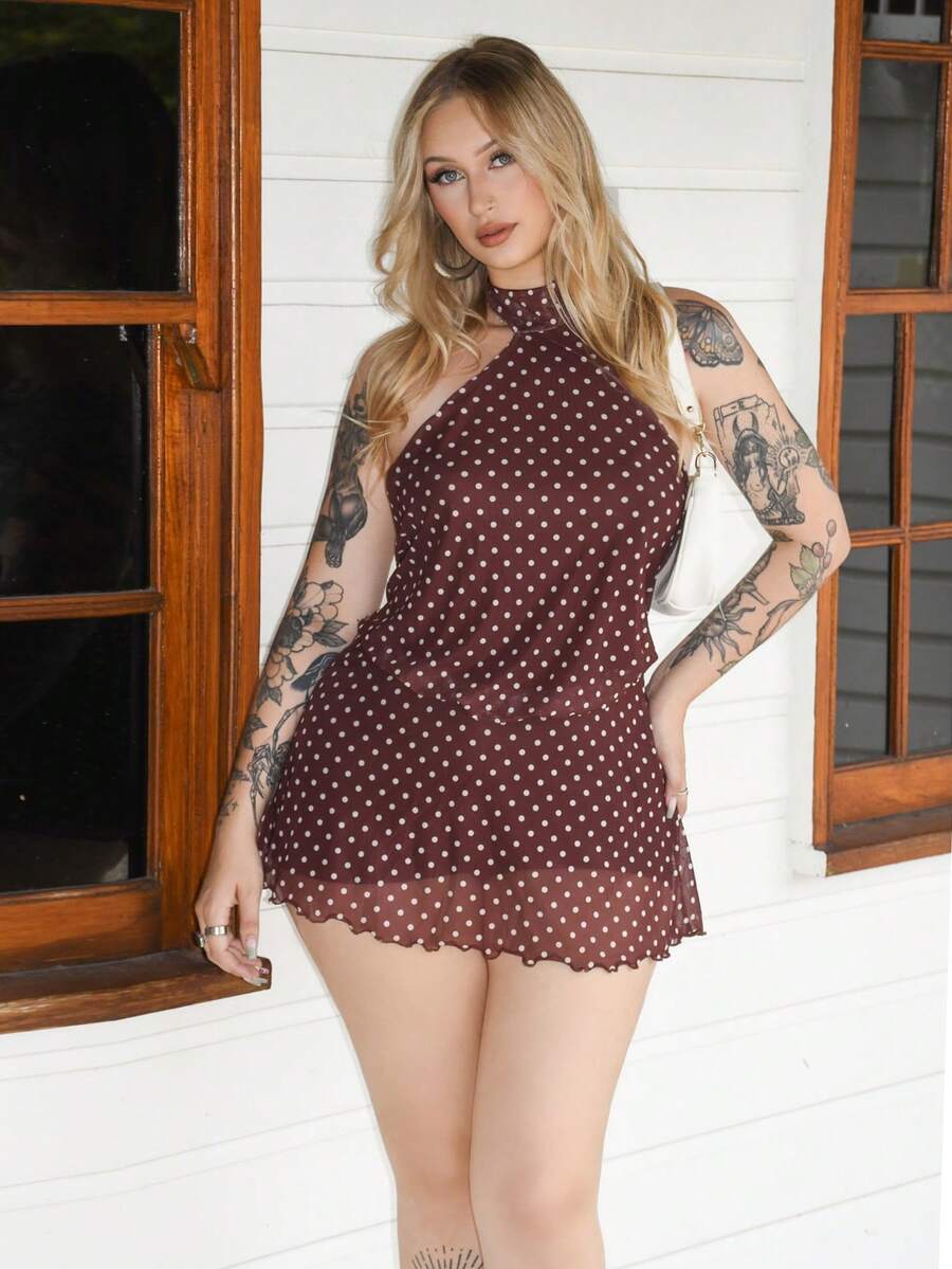 Arliah Women's Sexy Polka Dot Print Backless Mini Halter Dress, Summer,Business Casual Woman,Rave Outfits Festival,Summer Dresses For Women,Polka Dot Dress - Coffee Brown - View 1