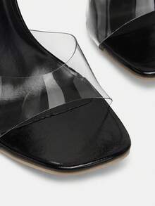 Glitzique 时尚女士高跟凉鞋：果冻带凉鞋、PU皮革带凉鞋、简约方头凉鞋、镀金细高跟凉鞋、透明风凉鞋、户外/常规夏季凉鞋、纯色凉鞋、女士黑色凉鞋 - 黑色 - 查看 11