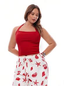 Solavibe Women Plus Size Red And White Summer Casual 2 Piece Set,Halter Neck Solid Top & Loose Wide Leg Pants With Waist Tie,Holiday Beach Vacation Outfit - Red and White - View 6