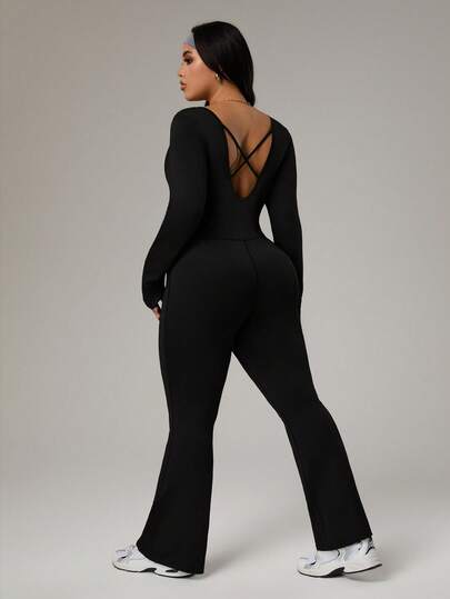 Rhythm Era Dewbera Dam Höst/Vinter Jumpsuit, Svart Tight Åtsittande U-ringad Långärmad, Korsad Bakrem, Åtsittande Frontpanel, Utsvängd Benkant, Lämplig För Casual, Löpning, Yoga, Gym, Tennis och Andra Aktiviteter Halloween Vinter Glowmode Sexiga Chillnätter