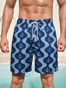 Manfinity RSRT Men's Contrast Color Geometric Floral Swim Trunks Aqua Blue,Summer,Tropical,Beach,Vacation,Holiday Elastic Waist Drawstring Loose Beach Shorts - Navy Blue - View 2