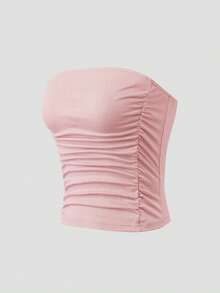 SHEIN Unity Women's Solid Color Pleated Fashionable Versatile Date Night Tube Top - Baby Pink - View 3