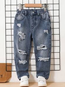 Handsome Young Boy Tie-Dye Bold Patterned Personalized Graphic School Spirit Jogger Pants - Dark Wash - View 1