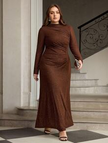 ZEYLAH 优雅褶皱修身长款针织连衣裙 - 棕色 - 查看 6