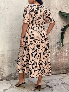 Breezaya Plus Size Women Geometric Print V-Neck Ruffle Sleeve Elegant Dress - Khaki - View 2