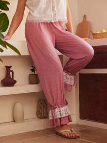 Bohemian Vacation Lace Trim High Quality Gauze Knit Fabric Comfortable Soft Flexible Ankle Women Pajama Bottoms - Grey - View 5