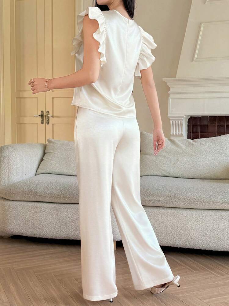 Women's Elegant Solid Color Ruffle Trim Top And Wide Leg Pants 2 Pieces Set, Spring/Summer,Wedding Guest Dress Women