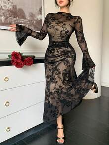 DAZY 春夏黑色蕾丝连衣裙，优雅百搭，适合情人节、婚礼、派对、正式场合、时尚穿搭、通勤穿着。喇叭袖、荷叶边下摆、收腰设计，透视网纱长袖中长连衣裙，女士吊带裙 - 黑色 - 查看 5