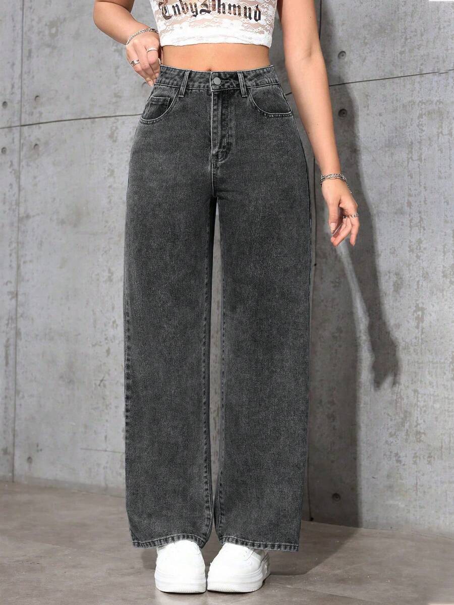 SHEIN PETITE 高腰纯色斜插口袋休闲百搭直筒牛仔裤 - 深灰色 - 查看 1