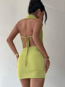 Aloruh Vestido sexy con espalda descubierta y drapeado trenzado, adecuado para vacaciones de primavera/verano - Verde - Ver 2