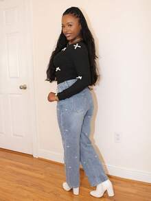 Steph T 休闲洗水蝴蝶刺绣直筒牛仔裤 - 藍色 - 查看 4