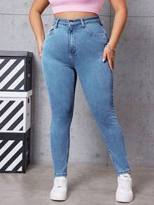 SHEIN EZwear 大码高腰修身休闲日常百搭牛仔裤 - 藍色 - 查看 5