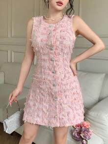 Modelyn Women's Elegant Textured Front Button Sleeveless Dress, Summer - Pink - View 7