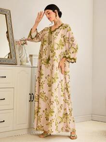 Al Najma 女士V领宽松系带长款复古阿拉伯风格连衣裙，夏季 - 彩色 - 查看 6