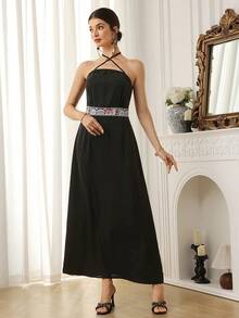 Al Najma Women's Summer Beach Vacation Patchwork Print Sleeveless Long Jacket And Criss-Cross Halter Dress Set - Black - View 6