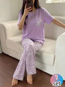 女童碎花针织短袖上衣和裤子休闲家居服套装，春夏款 - 淡紫色 - 查看 5