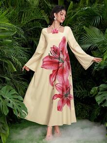 Yasmyna Women's Yellow Woven Placement Print Long Sleeve Halter Neck Floral Elegant Romantic Turkish & Arabic Traditional Maxi Dress, Spring/Summer - Yellow - View 1