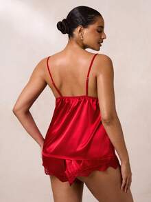 SHEIN BAE Plus Lace Trim Satin Cami Top & Shorts PJ Set / Pajama Set - Red - View 2