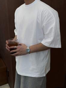 DAZY 男士纯白色圆领短袖T恤，夏季款 - 白色 - 查看 4