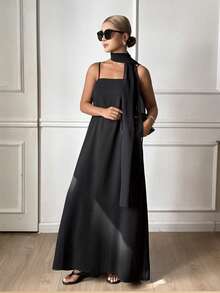 DAZY Vestido suelto de línea A con tirantes de unicolor y cinturón, vestido casual elegante para primavera y verano - Negro - Ver 4