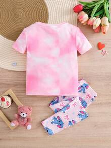 SHEIN 2件套少女针织圆领可爱动物图案休闲T恤和裤子家居服套装 - 淺粉色 - 查看 2