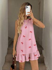 Easowa 女士印花迷你连衣裙，适合春夏穿着，休闲百搭 - 粉色 - 查看 3