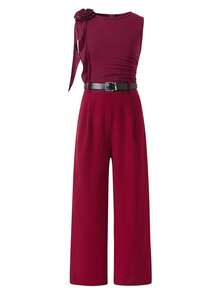 SHEIN Tween Girl Plunging Neckline Burgundy Jumpsuit, Commute & Everyday Wear High Fashion Girls Jumpsuit - Burgundy - View 2