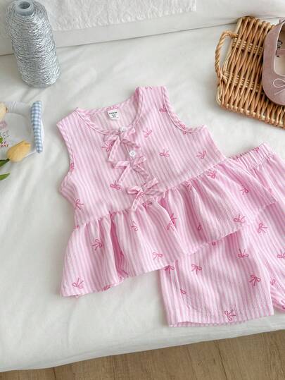 Genkimix Kids 2pcs/Set Young Girl Pink Stripe Sweet Bow Print Ruffle Trim Sleeveless Top And Shorts Set, Summer Bow Pattern Two Piece