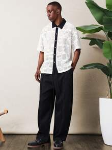 SUMWON 筒形修身套穿式纹理长裤，抽绳腰带，休闲宽松阔腿裤，带侧袋 - 黑色 - 查看 4