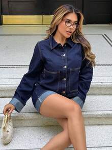 Maria Perezxox 女深蓝色牛仔套装长袖牛仔外套和卷边下摆裙25秋冬新款韩版休闲装办公室女装ins风秋季外套两件套牛仔套装女 - 深色水洗藍 - 查看 3