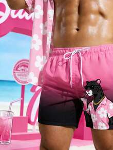 Manfinity Swimmode Quần short nam họa tiết động vật hoạt hình, kiểu ombre, túi xéo, eo có dây rút, phong cách thường ngày, thích hợp đi nghỉ mát, đi biển. - Màu Hồng Tươi - Xem 5