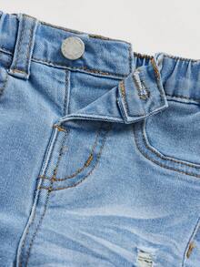 SHEIN Celana Jeans Slim Fit Bergaya untuk Bayi Laki-laki, Model Stonewashed, Sobek, Berumbai, Elastisitas Tinggi, Cocok untuk Pakaian Luar dan Sehari-hari Bayi di Musim Gugur/Musim Dingin - Light Wash - View 4