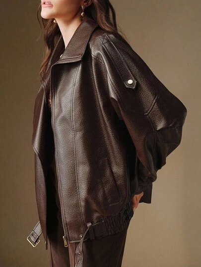 Anewsta Women's Solid Color Long Sleeve Zipper Collar Pocket PU Leather Casual Jacket