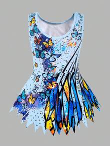 SHEIN 女童无袖印花体操服，舒适亲肤，贴身设计防止走光，适合艺术体操、学校舞蹈比赛等场合，四季皆宜，玫瑰红，圣诞节日图案，蝴蝶印花体操服 - 彩色 - 查看 4