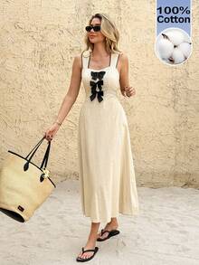 SHEIN Frenchy 女士夏季度假撞色滚边蝴蝶结装饰中长连衣裙 - 杏色 - 查看 7